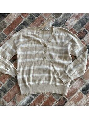 Y2K LOFT Henley Sweater Small Beige Ivory Stripe Coastal Cotton Pullover NWOT